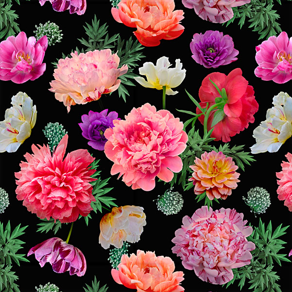 Summer Garden Flowers - Floral Collage - Black - DIGITAL