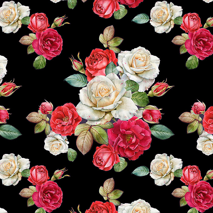 Red and White Watercolor Roses - Black - DIGITAL