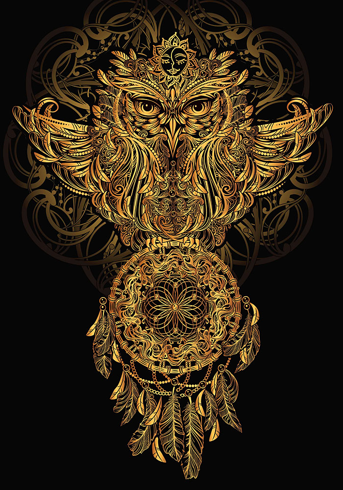 Dream Catcher Owl - Black - 30" x 44" PANEL - DIGITAL PRINT