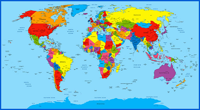 World Map - Mercator Map - Bahama Blue - 24" x 44" PANEL
