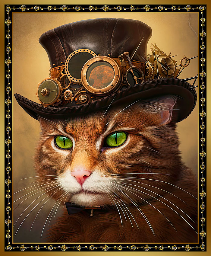 Steampunk Kitty Panel - English Toffee Brown - 36" x 44" PANEL