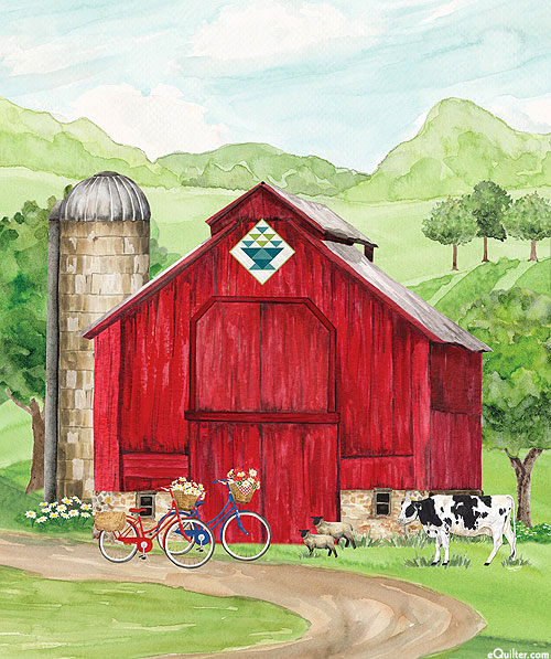 Spring Barn Quilts - Barn Scenery - Multi - 37" x 44" PANEL