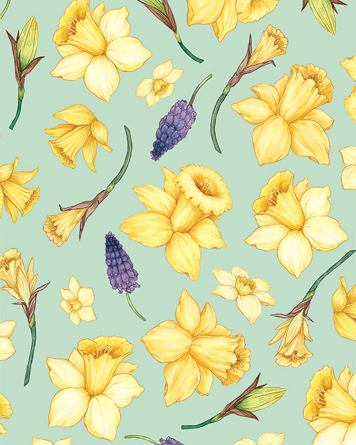Monthly Florals - Daffodils & Hyacinth - Sage Green