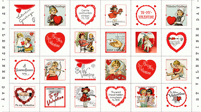All My Heart - Cupid Stamp Blocks - White - 24" x 44" PANEL