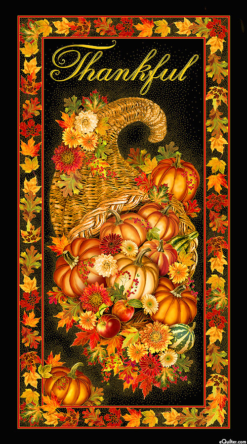 Thankful - Harvest Cornucopia - Black/Gold - 24" x 44" PANEL