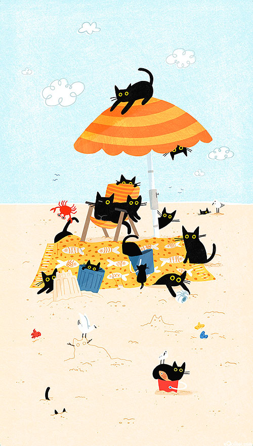 Sandy Paws - Cats On The Beach - Deep Aqua - 24" x 44" PANEL