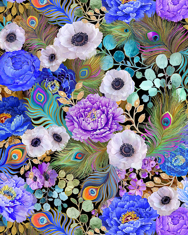 Flourish - Peacock Feathers & Florals - Multi - DIGITAL