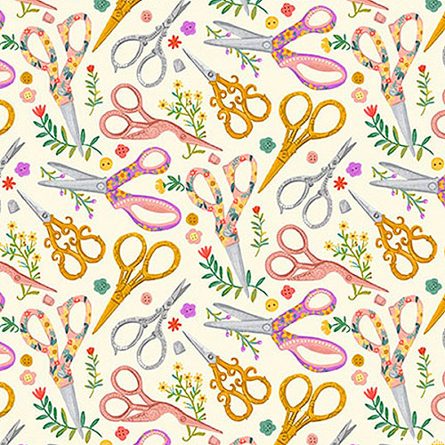 Sew Beautiful - Florals & Sewing Scissors - Cream - DIGITAL