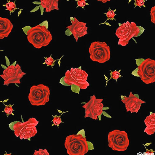 Timeless Treasures Vintage Rose - Budding Blooms - Black - DIGITAL