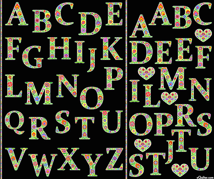 Alphabet Garden - Floral Letters - Black - 36" x 44" PANEL