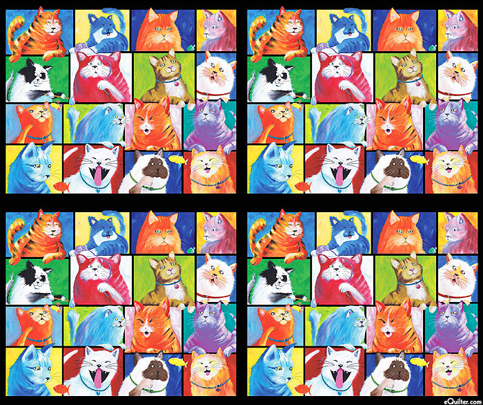 Cat Chat - Painterly Kitties Blocks - Black - 36" x 44" PANEL