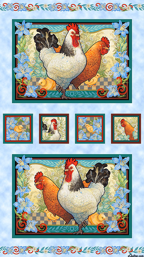 Country Roosters - Chicken Run - Powder Blue - 24" x 44" PANEL