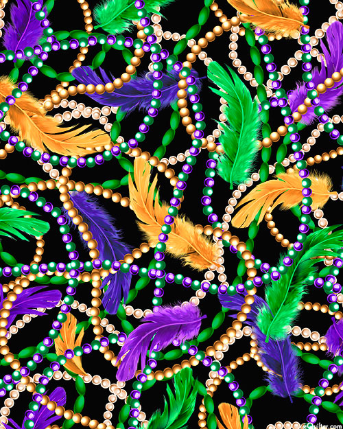 Mardi Gras - Beads & Feathers - Black - DIGITAL PRINT