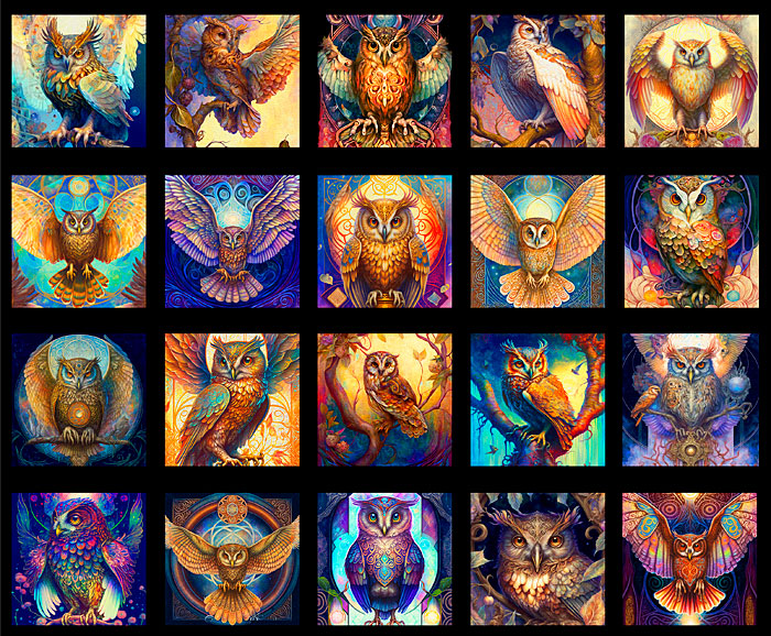 Mystic Owls - Feather Blocks - Flat Black - 35" x 44" PANEL