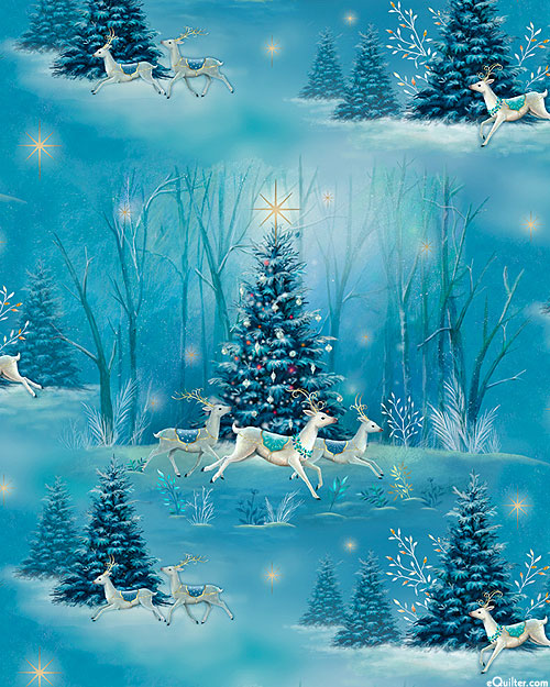 Winter Wishes - Pine Trees & Reindeer - Crystal Blue