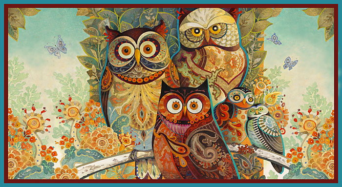 Owl Arabesque - Eclectic Owls - Multi - 24" x 44" PANEL