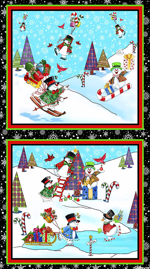 Snowman Follies - Winter Sports - Black - 24" x 44" PANEL