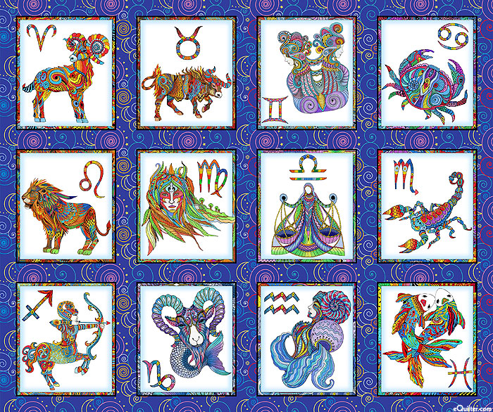 Zodiac Dreams - Astrology Blocks - Cobalt - 36" x 44" PANEL